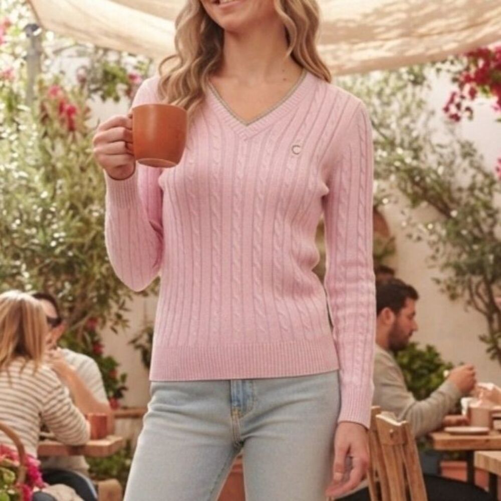 IZOD Pink Cable Knit VNeck Sweater Size L 100% Cotton Preppy Y2K Grandmillennial